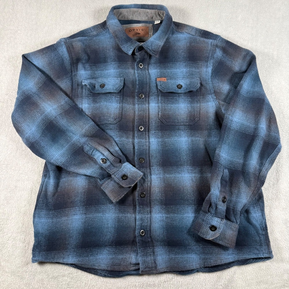 Orvis Heavy Flannel Shirt Men Blue Plaid Cotton Button Down Shirt Jacket Pockets